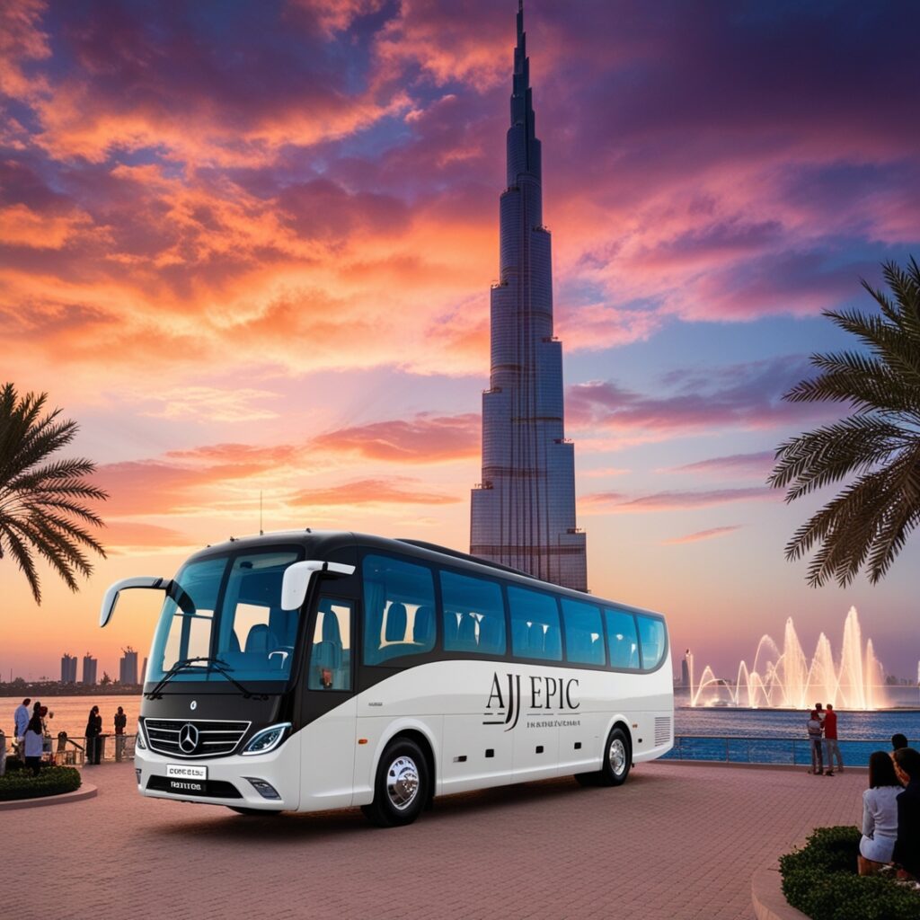 "Luxurious AJ EPIC branded bus parked in front of the Burj Khalifa during a vibrant sunset."