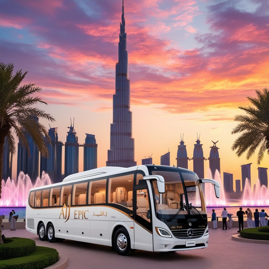 "Burj Khalifa towering over the Dubai skyline with a stunning sunset backdrop and the AJ EPIC bus in the foreground."