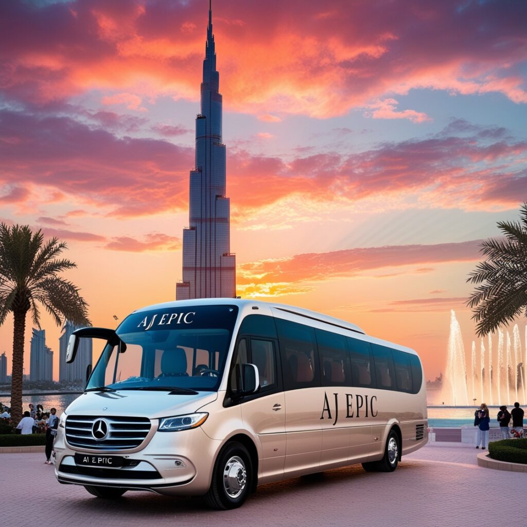 "The Dubai Fountain performing its iconic water show next to an AJ EPIC bus and the Burj Khalifa."