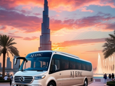 "The Dubai Fountain performing its iconic water show next to an AJ EPIC bus and the Burj Khalifa."