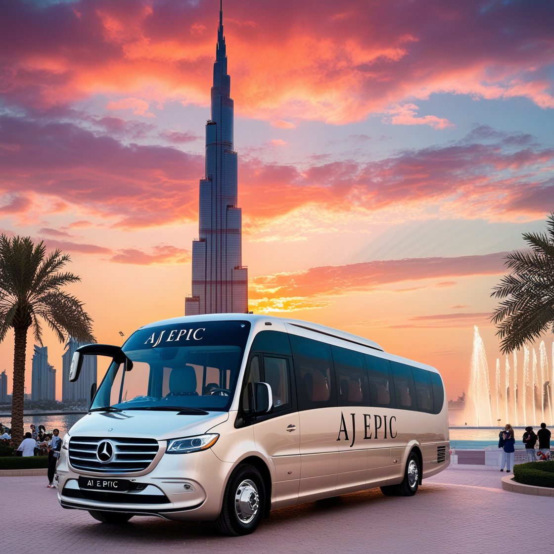 "The Dubai Fountain performing its iconic water show next to an AJ EPIC bus and the Burj Khalifa."