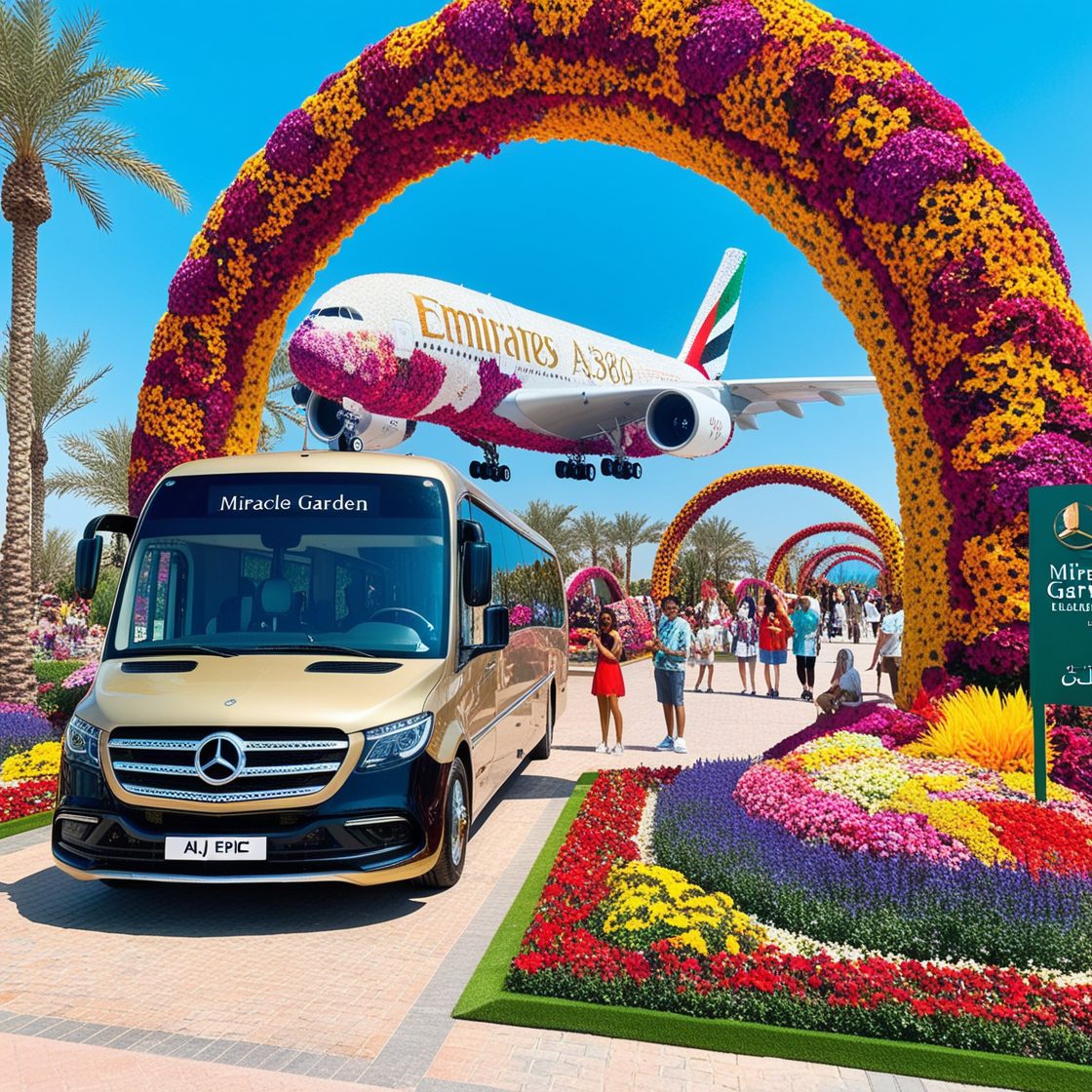 A luxury AJ EPIC bus at Miracle Garden Dubai, surrounded by vibrant flowers and scenic walkways.