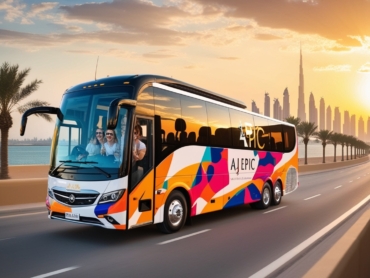 Scenic view of Dubai with a mini bus on the road.