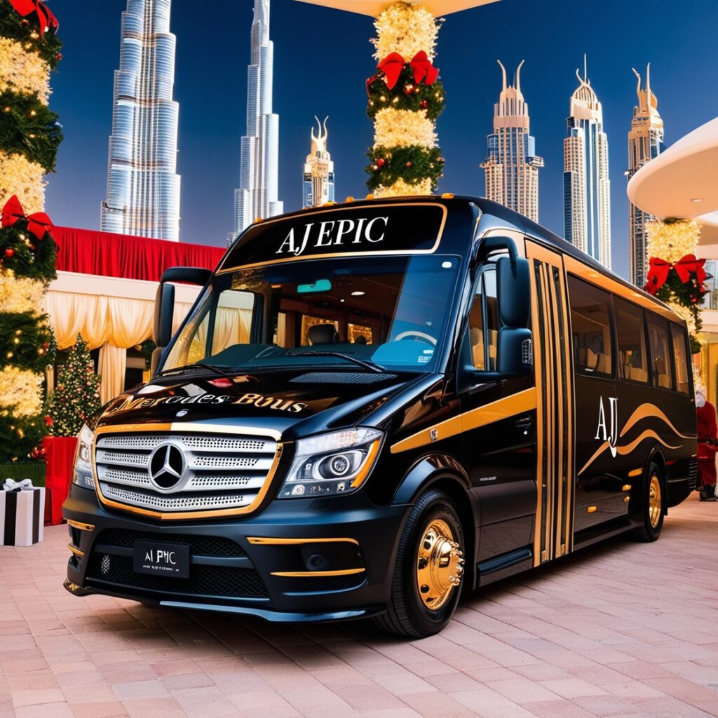 Luxurious Mercedes bus with "AJ EPIC" branding parked outside a festive venue in Dubai.