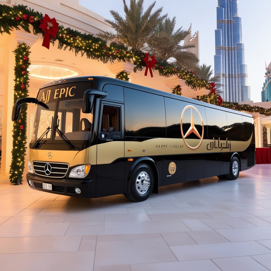 Beautifully decorated venue in Dubai illuminated with holiday lights, featuring a black and gold bus.