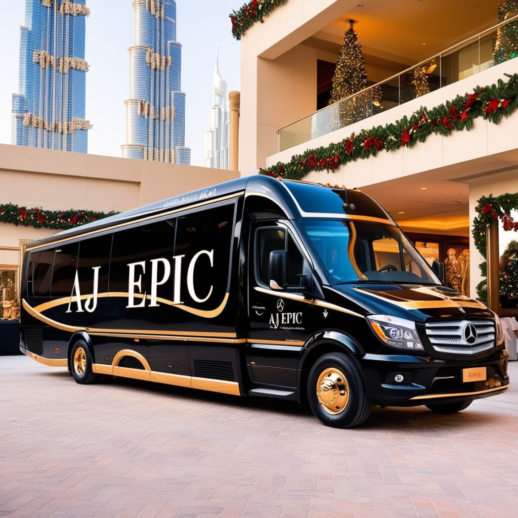 Iconic Dubai skyline with holiday decorations, showcasing a luxury bus rental in the foreground.