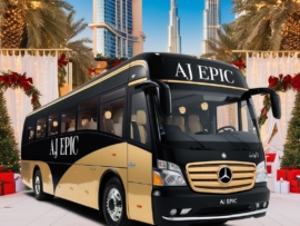 Elegant holiday setup around a luxury bus in Dubai, capturing the festive spirit without any people.