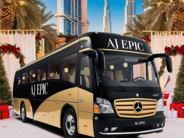 Elegant holiday setup around a luxury bus in Dubai, capturing the festive spirit without any people.