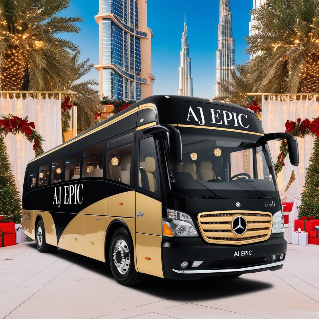 Elegant holiday setup around a luxury bus in Dubai, capturing the festive spirit without any people.