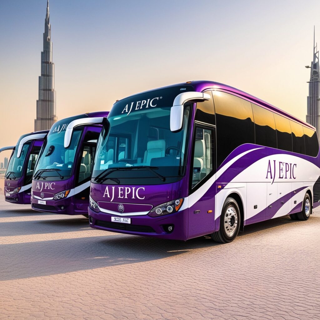 A fleet of luxurious Aj EPIC buses with a vibrant purple and white exterior, parked in a scenic location in Dubai, showcasing their spacious interiors and black tinted windows.