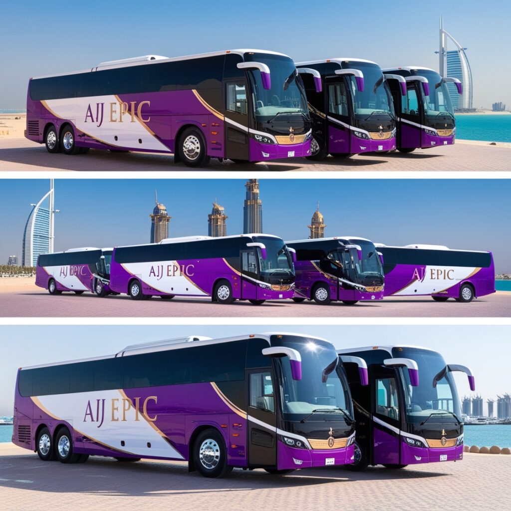 Interior view of an Aj EPIC bus featuring comfortable seating and modern amenities, designed for group travel in Dubai.