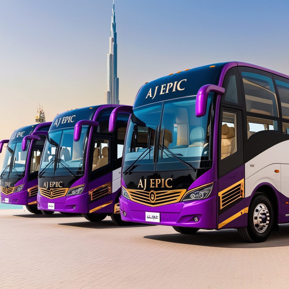 Group of passengers boarding an Aj EPIC bus for a corporate event in Dubai, highlighting the stylish design and spacious layout of the vehicle.