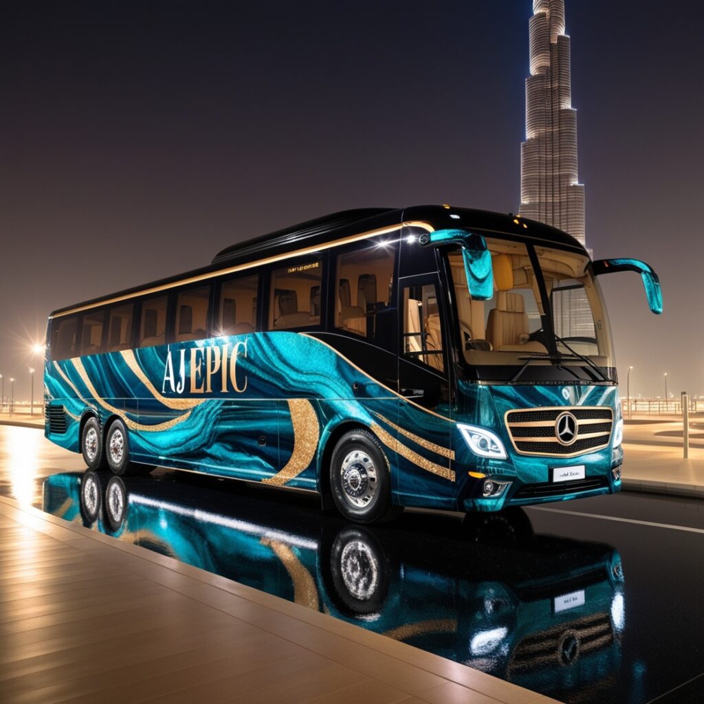 "Scenic view from the luxury bus window while traveling in Dubai"