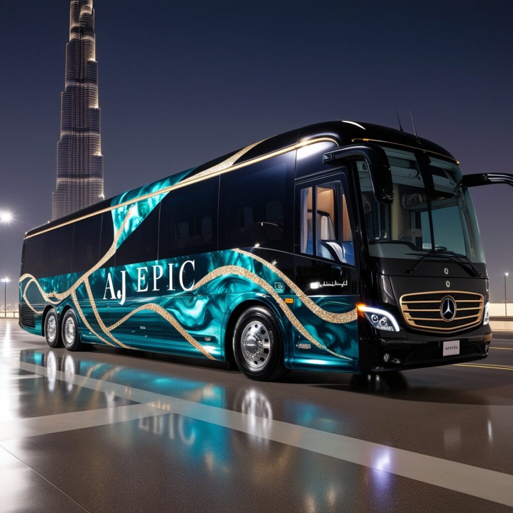 "Luxury 50 seater bus ready for a wedding party in Dubai"