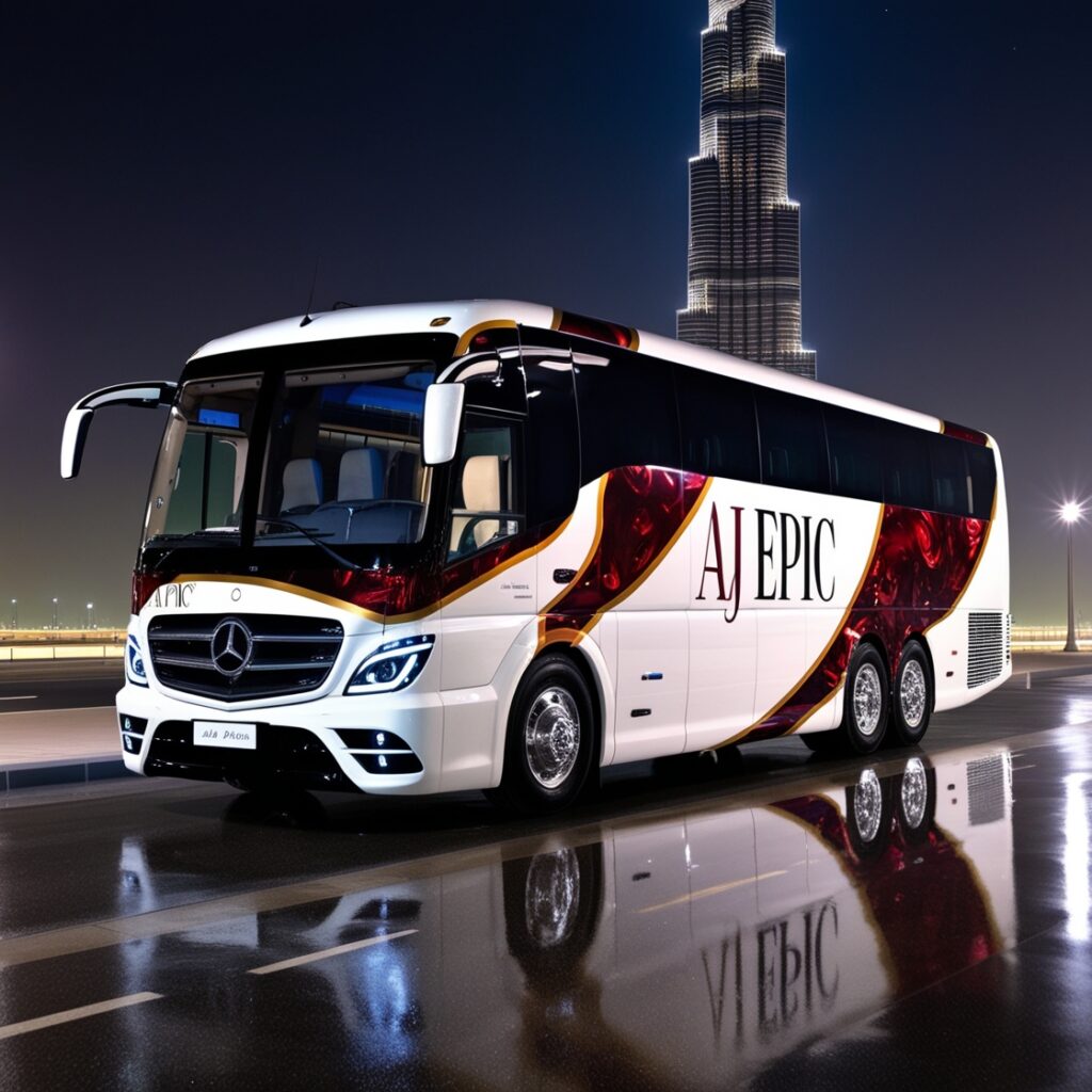 Luxury white Mercedes bus with AJ EPIC branding at night in Dubai