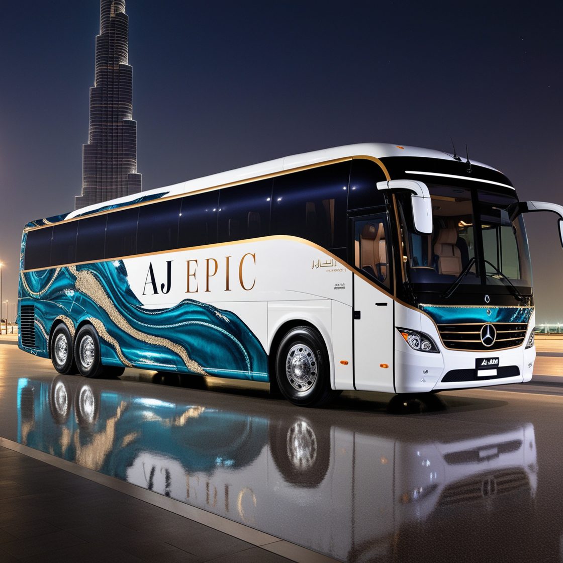 "Passengers boarding a luxury 50 seater bus for a city tour in Dubai"