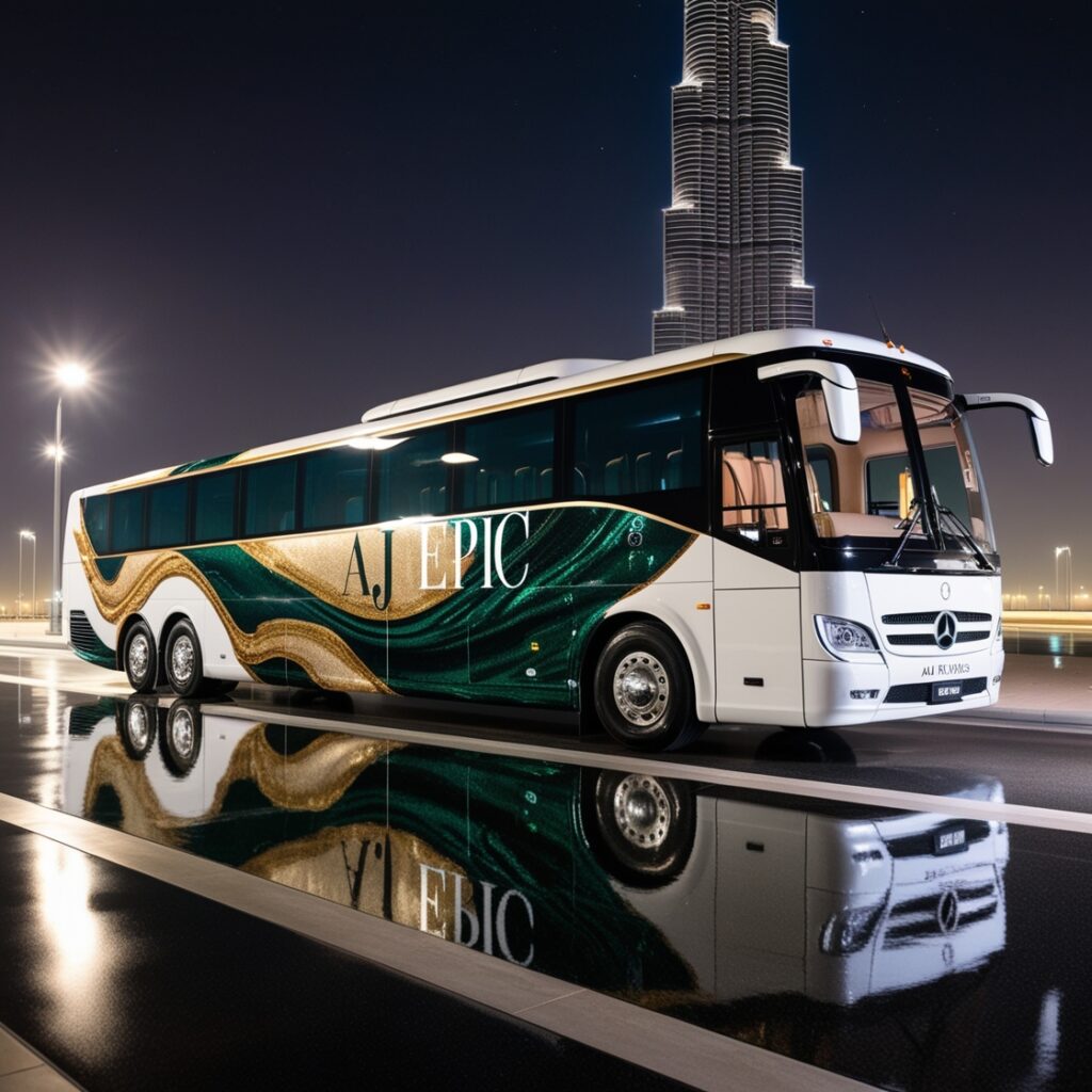 "Luxury bus parked in front of a high-end hotel in Dubai"