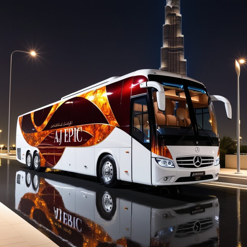 "Group of friends posing in front of a luxury 50 seater bus in Dubai"