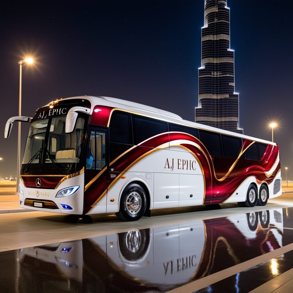 Fully wrapped luxurious bus on a sleek Dubai road
