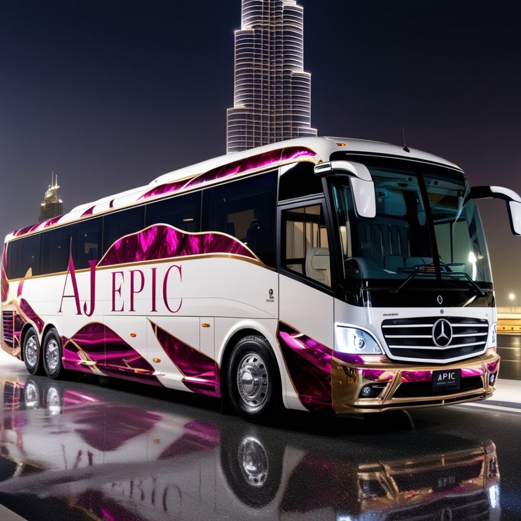 "AJ EPIC bus stopping at a popular tourist destination in Dubai"