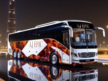 "Elegant exterior of a luxury bus with AJ EPIC branding"