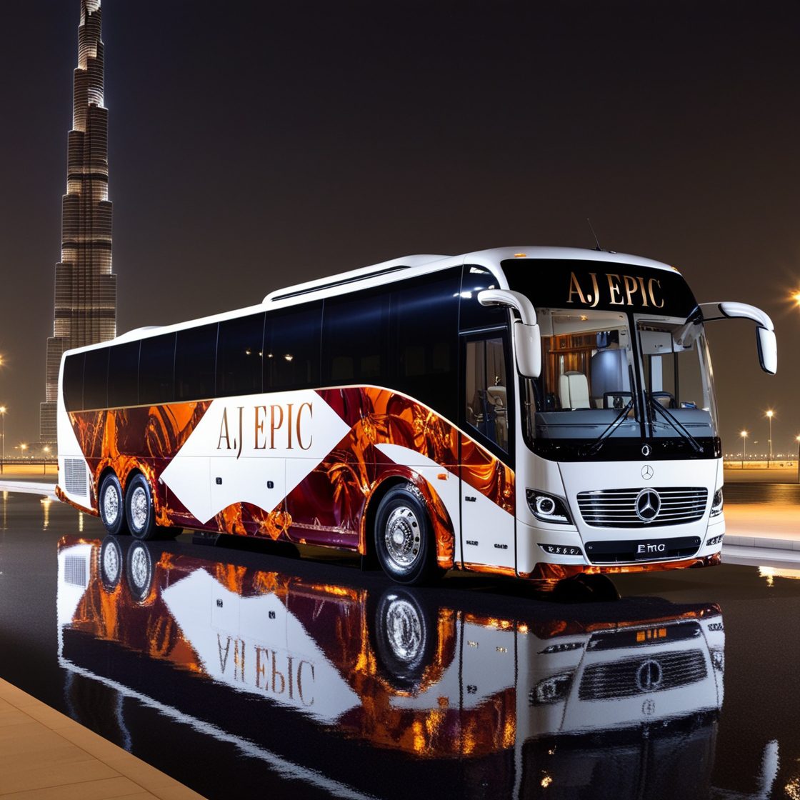 "Elegant exterior of a luxury bus with AJ EPIC branding"