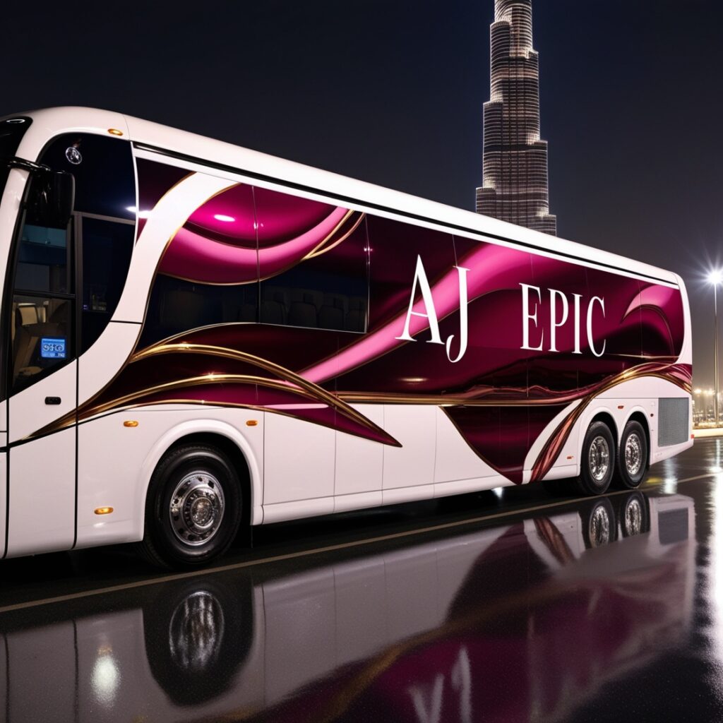 "Group of colleagues arriving at a conference in a luxury bus"
