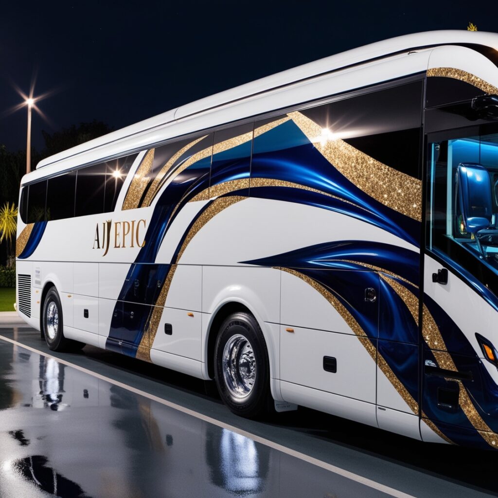 "Luxury bus interior decorated for a wedding celebration"