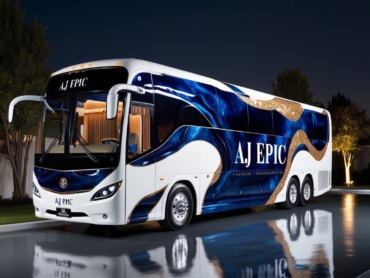 "Passengers watching a movie on screens inside a luxury bus"