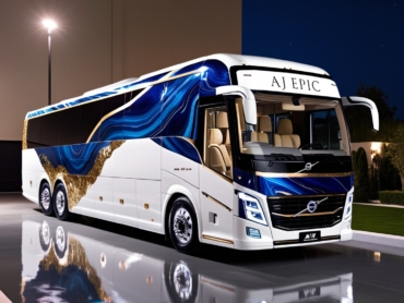 "Luxury 50 seater bus in Dubai ready for an evening event"