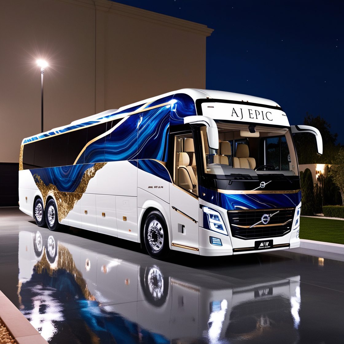 "Luxury 50 seater bus in Dubai ready for an evening event"