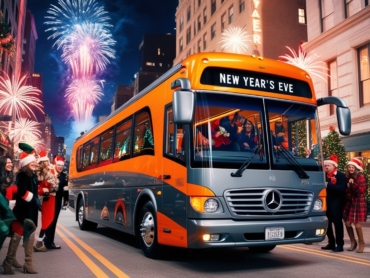AJ EPIC bus rental surrounded by holiday lights and decorations, creating a festive atmosphere.