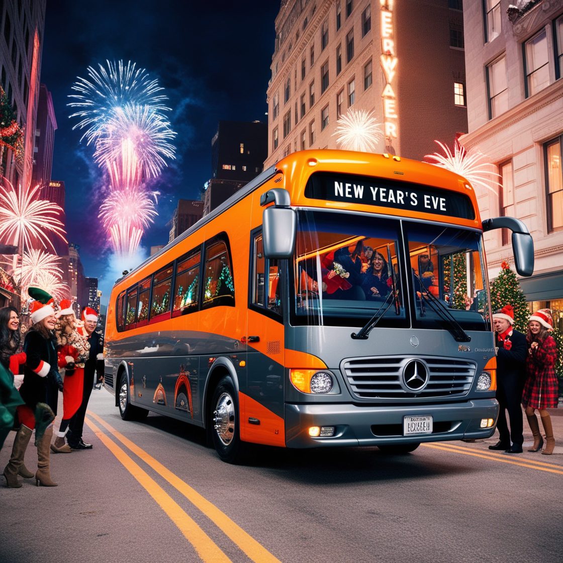 AJ EPIC bus rental surrounded by holiday lights and decorations, creating a festive atmosphere.