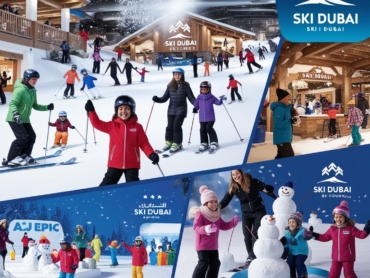 "Indoor skiing experience at Ski Dubai featuring joyful visitors on the slopes with snowflakes falling around them."