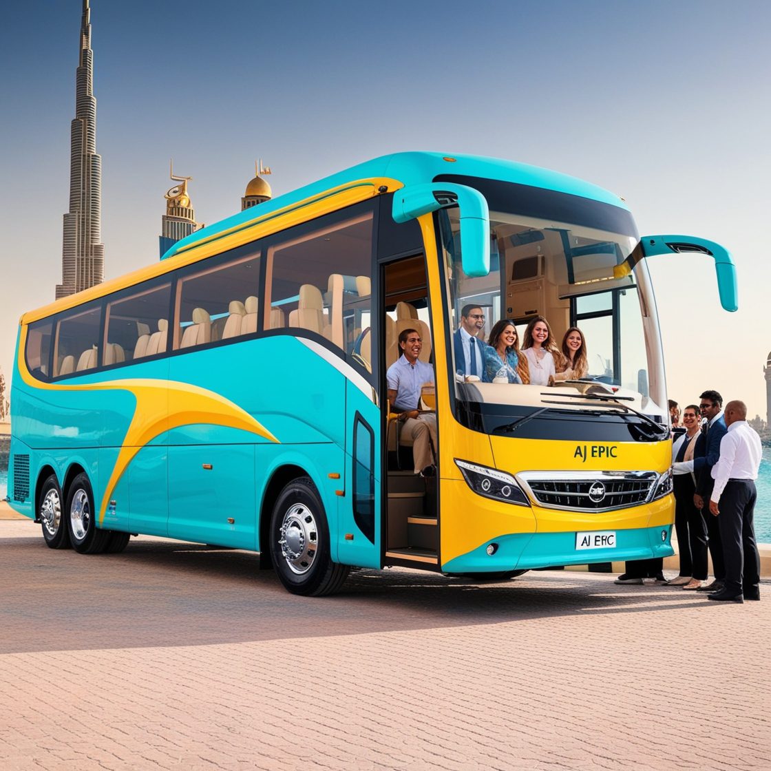 Iconic Dubai skyline in the background as a beautifully designed Aj EPIC bus prepares to transport guests for a corporate event, emphasizing its reliability and elegance.