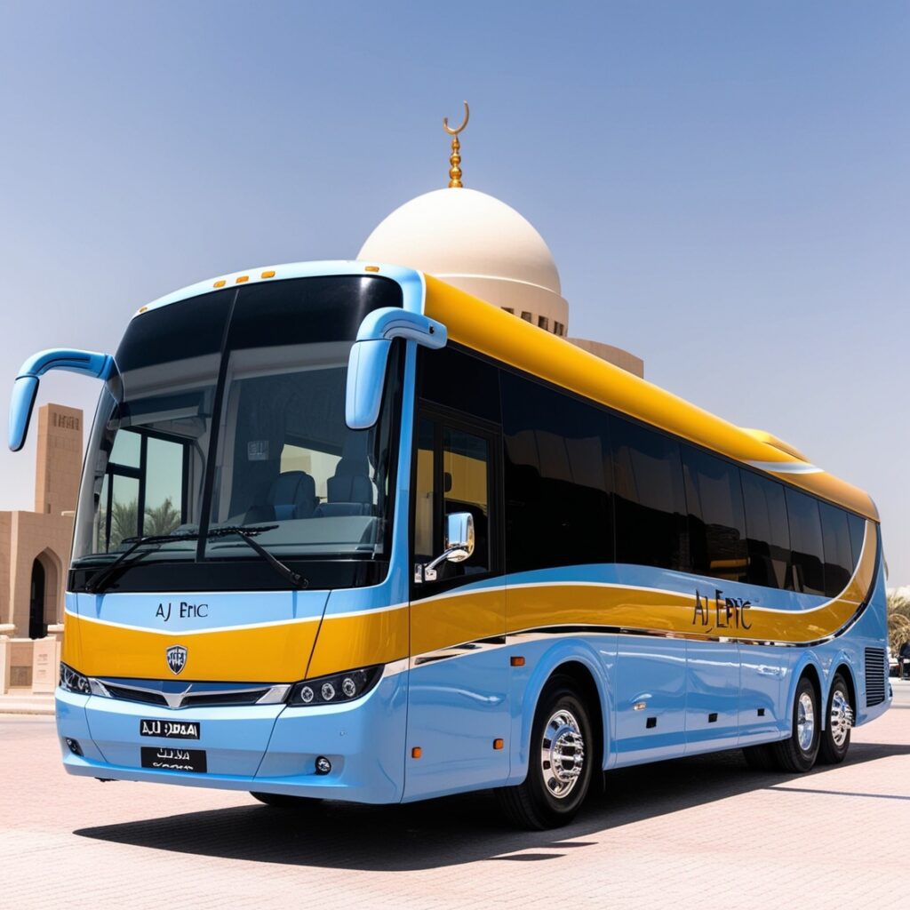 An elegant Aj EPIC bus with black-tinted windows and a light blue and yellow exterior, standing still in Dubai, ready for premium group travel.