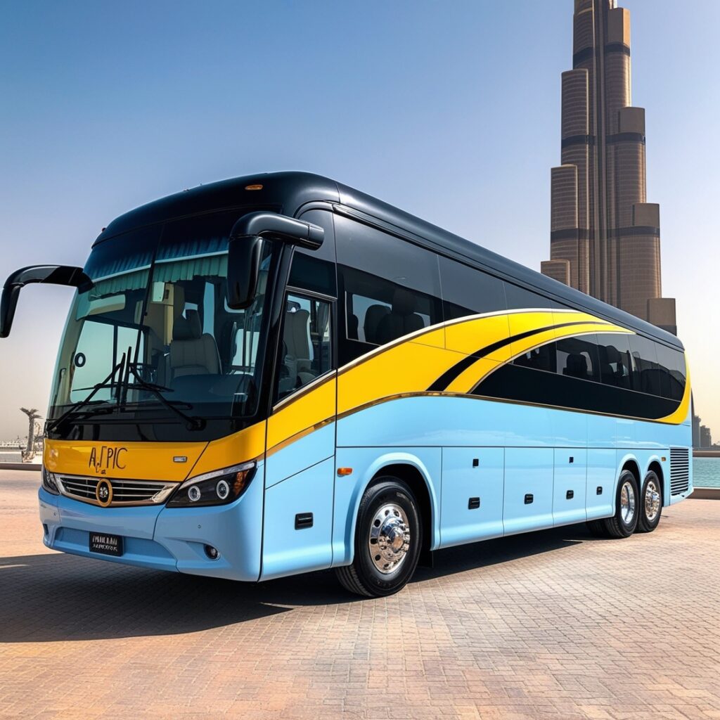 A stylish Aj EPIC bus with a vibrant light blue and yellow wrap, parked at a popular Dubai location, highlighting its high-end rental services for corporate and tourist groups.