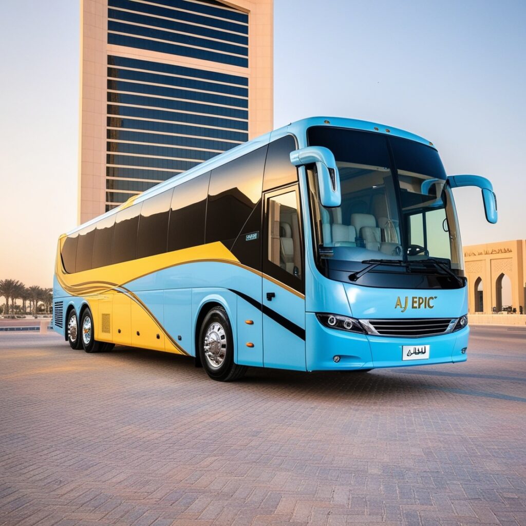 A sleek Aj EPIC bus featuring light blue and yellow design with black-tinted windows, showcasing its modern look and professional rental services in Dubai.