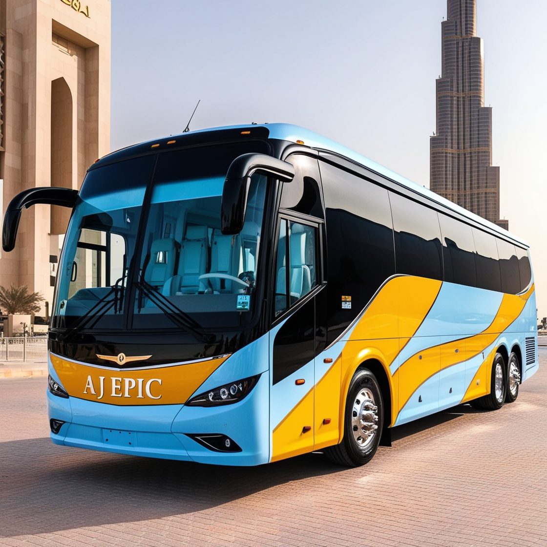 "A luxurious Aj EPIC bus parked in Dubai, wrapped in a striking design featuring dark, shining colors like deep purple and metallic silver. The bus has black-tinted windows and a glossy exterior, reflecting light from the city around it. The modern design showcases Aj EPIC's premium bus rental services, positioned near a famous Dubai landmark."