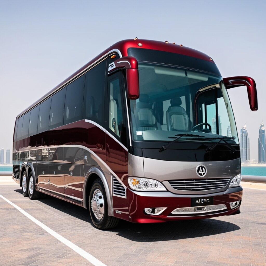 Luxury Aj EPIC bus with an emerald green and gold exterior, parked on a scenic street in Dubai, offering premium bus rental services.