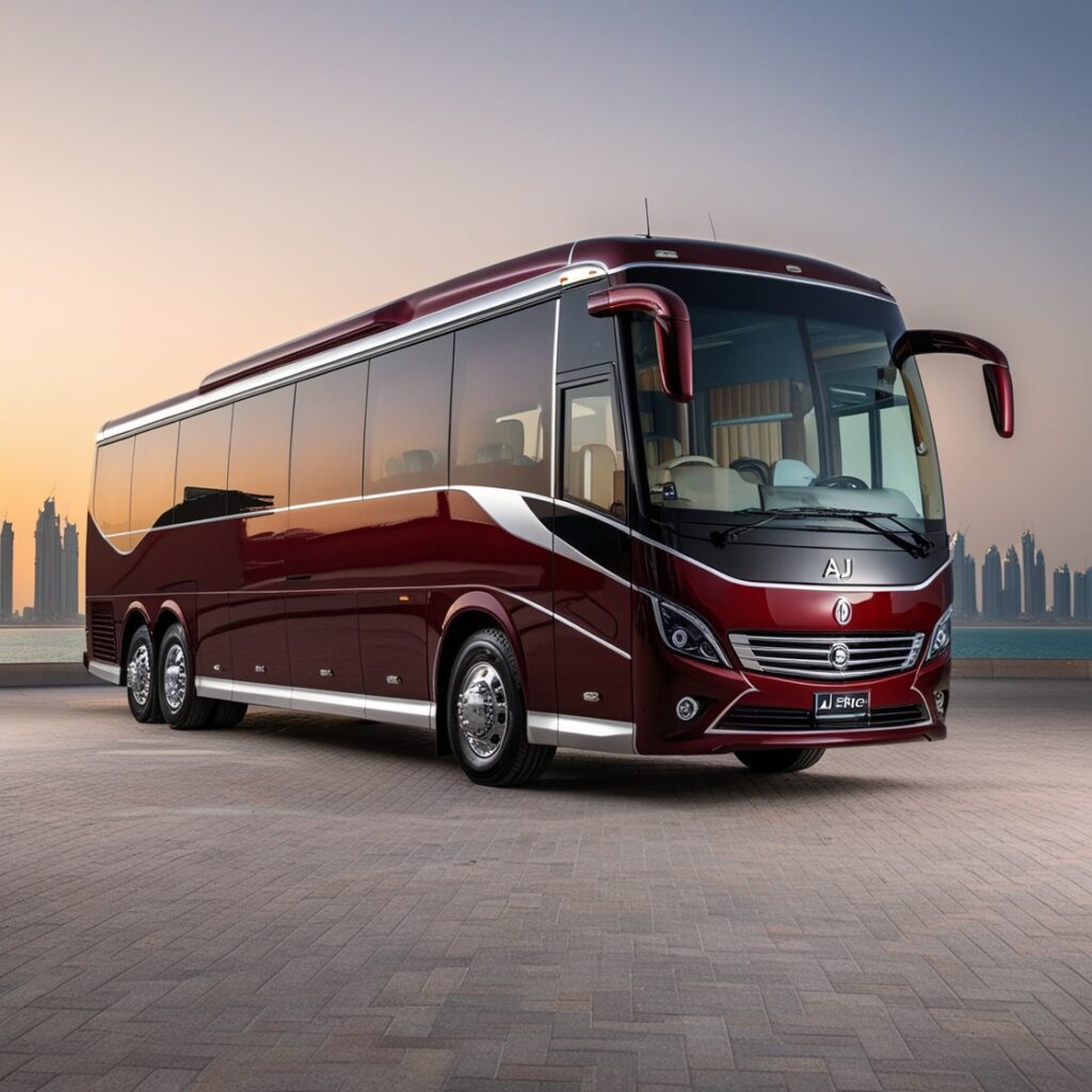 A sleek Aj EPIC bus featuring black-tinted windows and a glossy green and gold design, showcasing top-tier luxury transportation in Dubai.