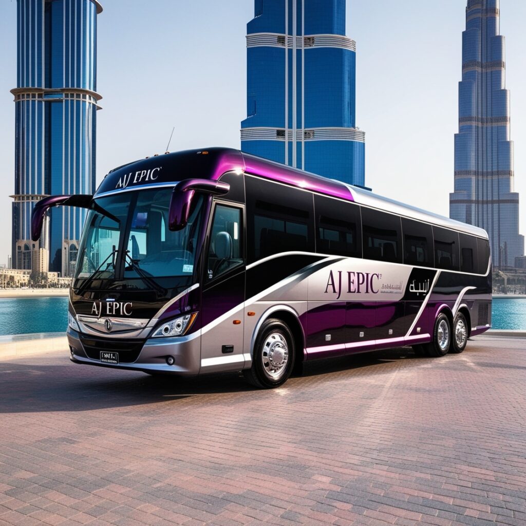 Stylish Aj EPIC bus in a dark red and silver wrap, parked near Dubai’s iconic skyline, providing high-end bus rental services for events and tours.