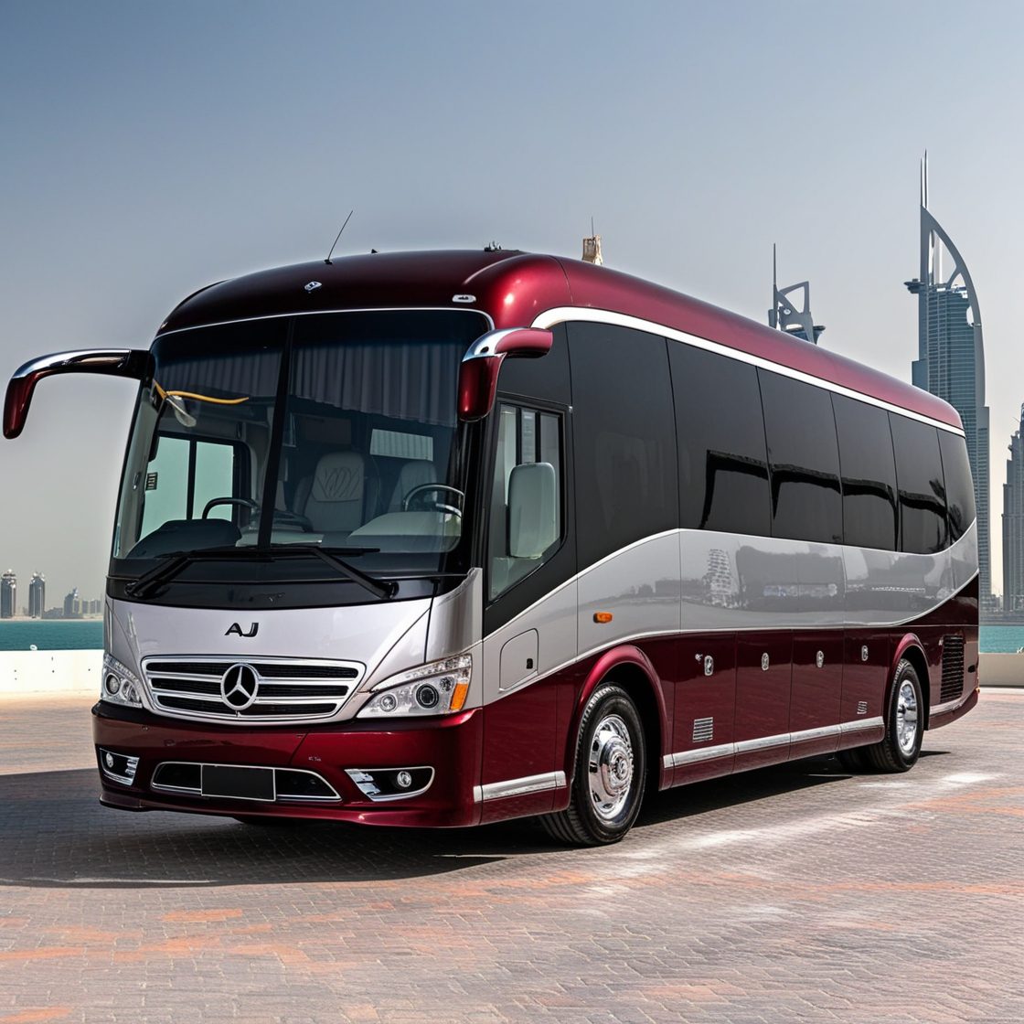 Emerald green and gold Aj EPIC luxury bus parked in Dubai, providing high-end rental services for corporate events, weddings, and tours.