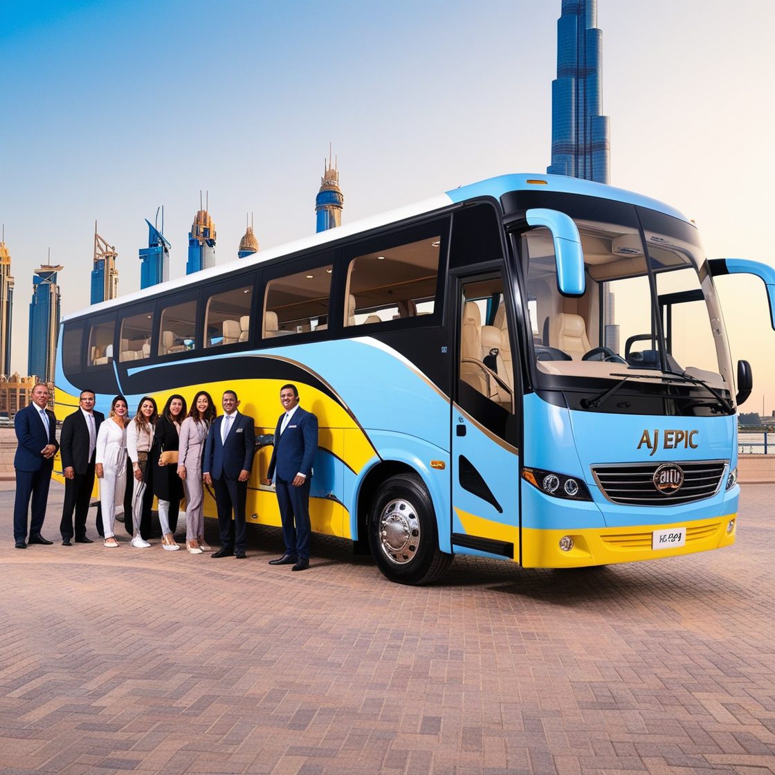 Iconic Dubai skyline in the background as a beautifully wrapped Aj EPIC bus provides transportation for a corporate event, emphasizing the reliable and elegant service offered.