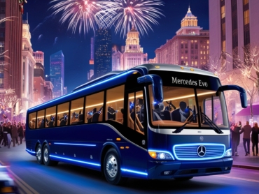 Group enjoying New Year’s Eve on a Mercedes party bus rental from AJ EPIC.