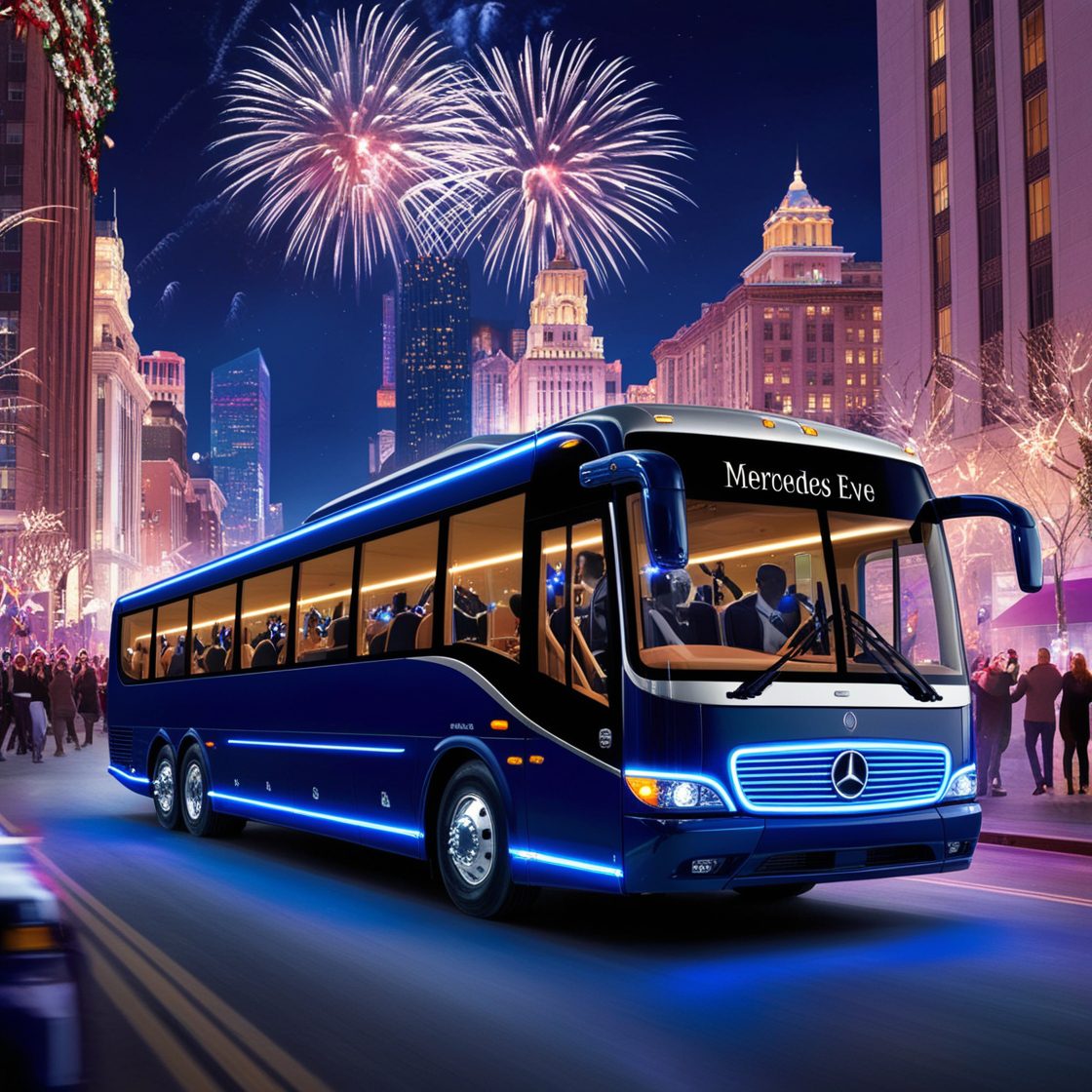 Group enjoying New Year’s Eve on a Mercedes party bus rental from AJ EPIC.