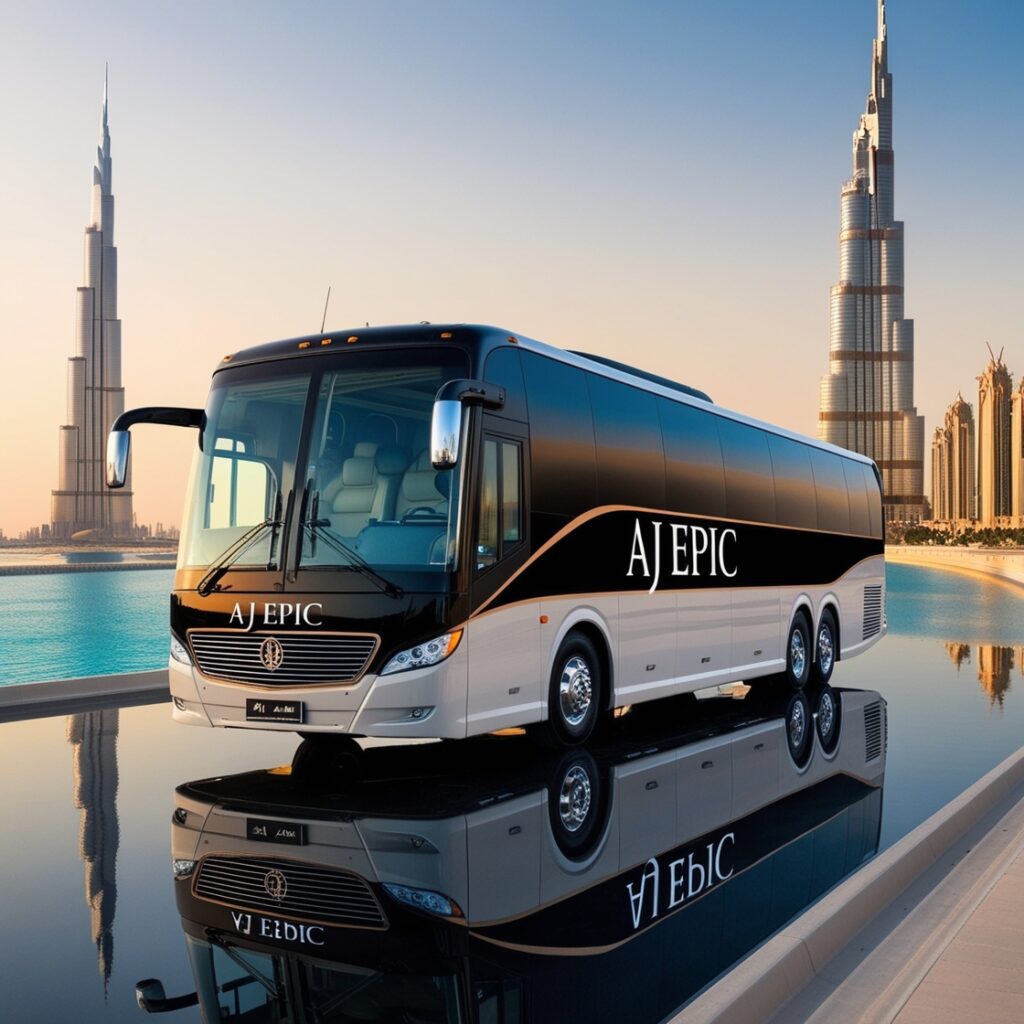 Luxury bus branded with 'Aj EPIC,' parked elegantly on a scenic road in Dubai with the Burj Khalifa in the background, showcasing its stylish design and tinted windows.