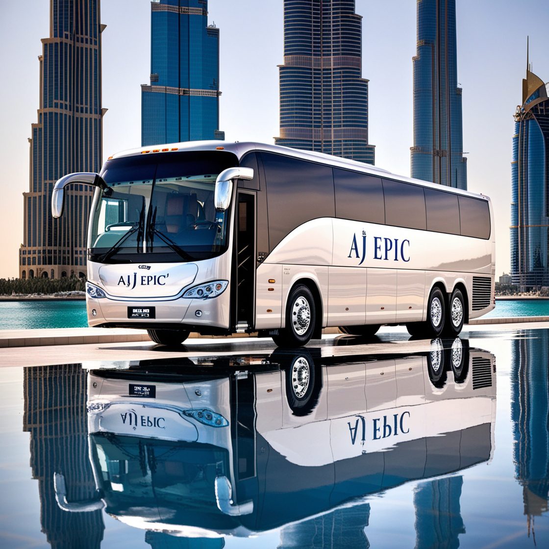 "Luxury bus from Aj EPIC parked at a corporate event venue in Dubai, offering premium transportation for guests with a professional appearance."