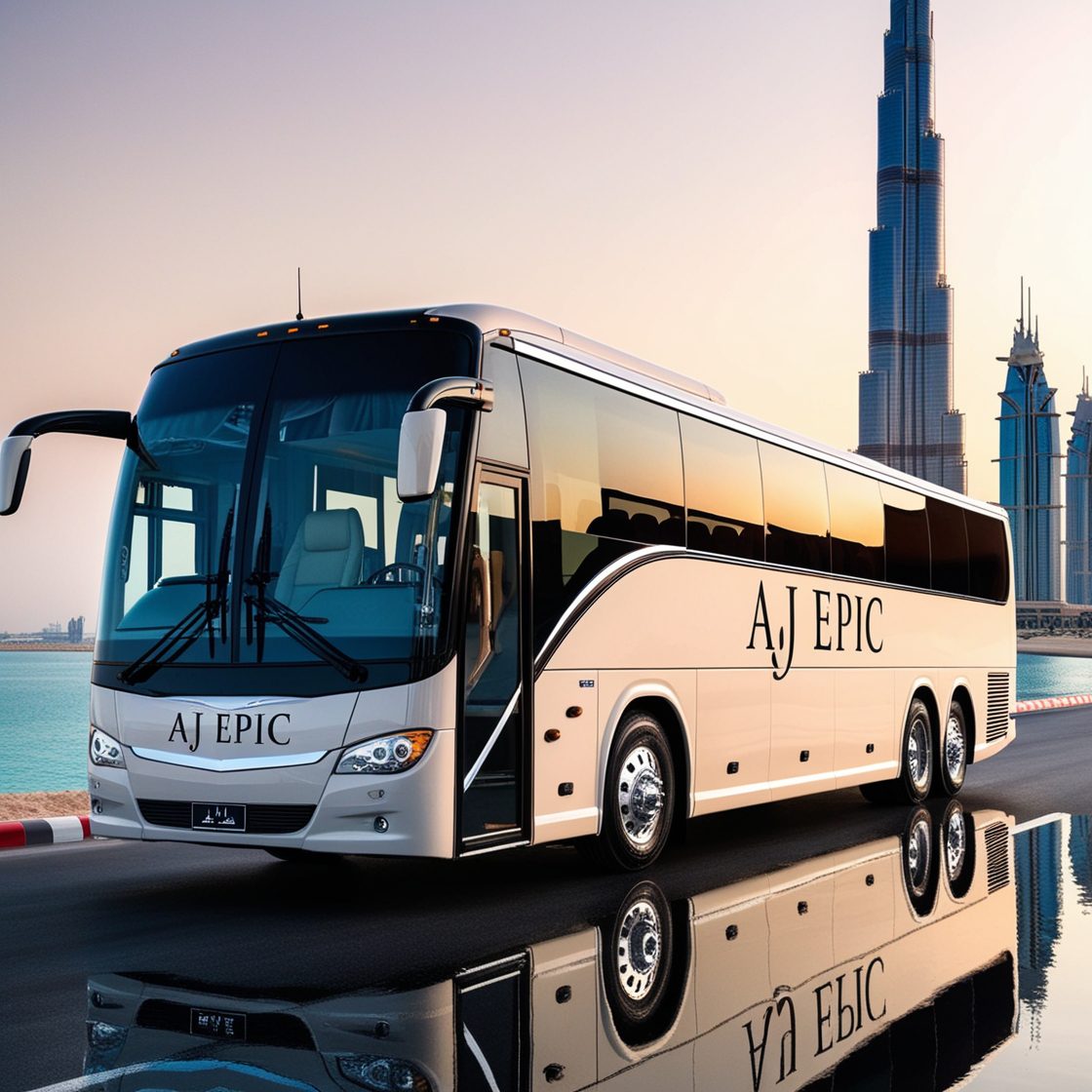 Luxury bus from Aj EPIC at a corporate event venue in Dubai, providing premium transportation for guests with a professional appearance and comfortable seating.