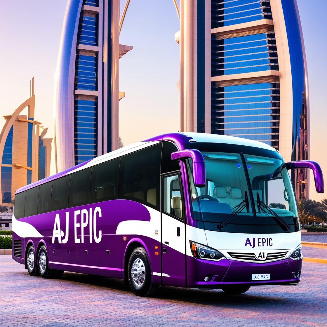 Luxury coach branded with 'Aj EPIC,' featuring a vibrant exterior wrapped in purple and white colors and black tinted windows, parked in front of a stunning Dubai landmark.
